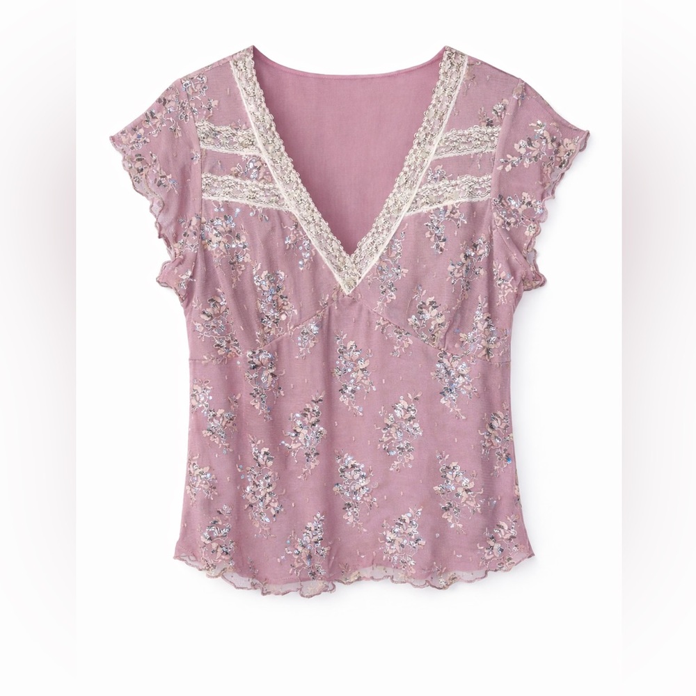 🌸 INC Lace and Metallic Floral Pink Blouse